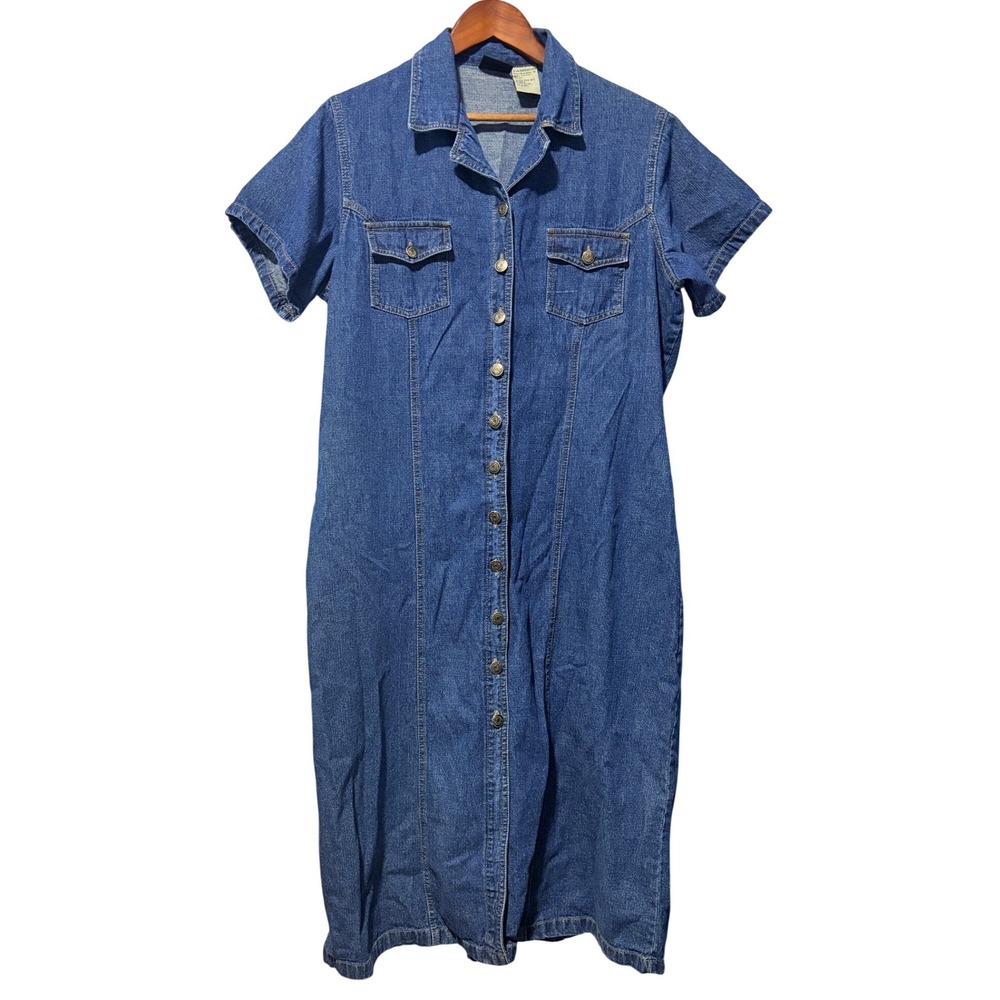 Permans Plus Womens 1X Blue Denim Maxi Dress Button Front Tie Back Short Sleeve